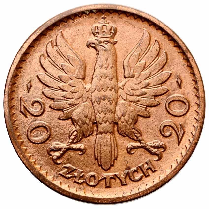 II RP 20 złotych 1925, głowa kobiety, PRÓBA, miedź z kolekcji Włodzimierza Głuchowskiego